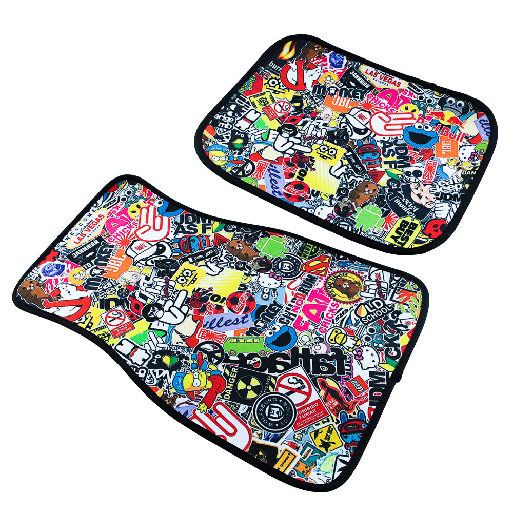 Brand New 4PCS UNIVERSAL JDM STICKERBOMB Racing Fabric Car Floor Mats Interior Carpets