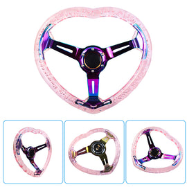 Brand New Universal 6-Hole 350MM Heart Pink Deep Dish Vip Crystal Bubble Neo Spoke Steering Wheel