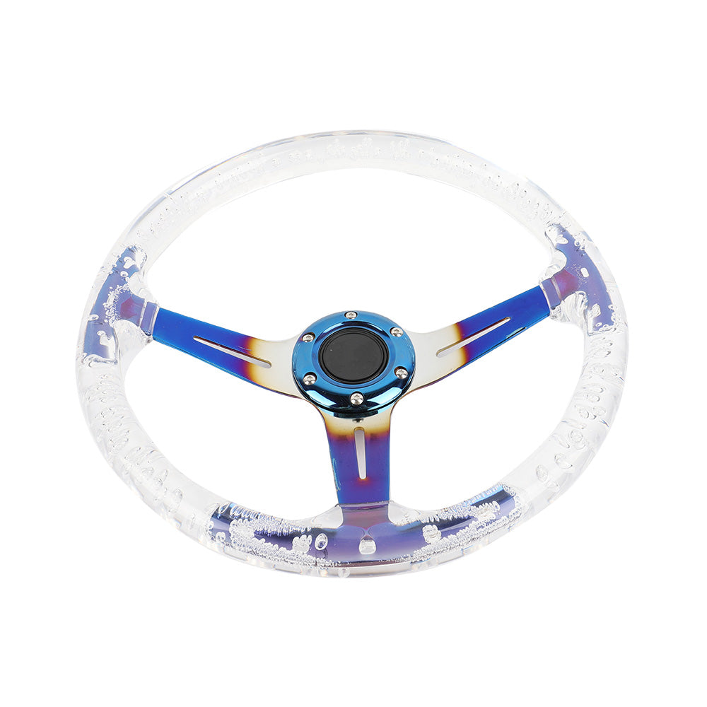Brand New Universal 6-Hole 350mm Deep Dish Vip Clear Crystal Bubble Burnt Blue Spoke Steering Wheel