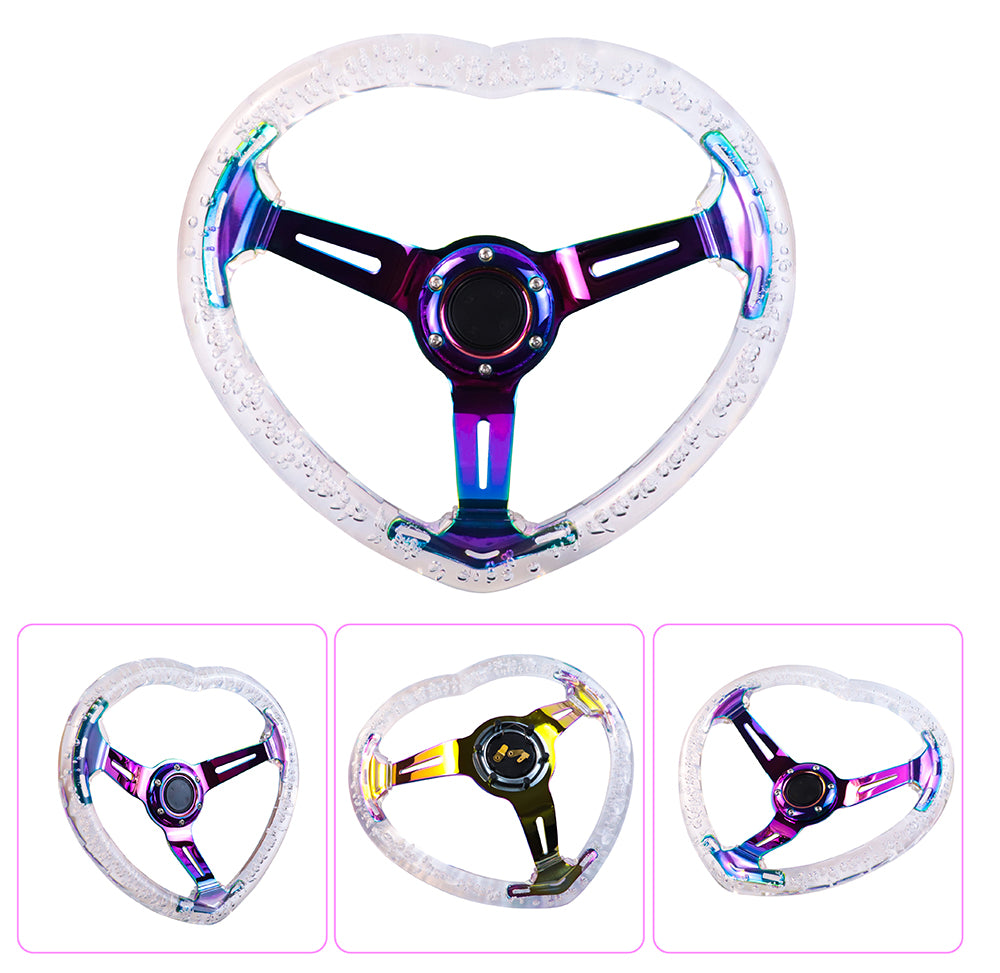 Brand New Universal 6-Hole 350MM Heart Clear Deep Dish Vip Crystal Bubble Neo Spoke Steering Wheel