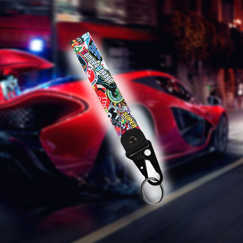 BRAND NEW Stickerbomb Racing Keychain Metal key Ring Hook Strap Lanyard Universal