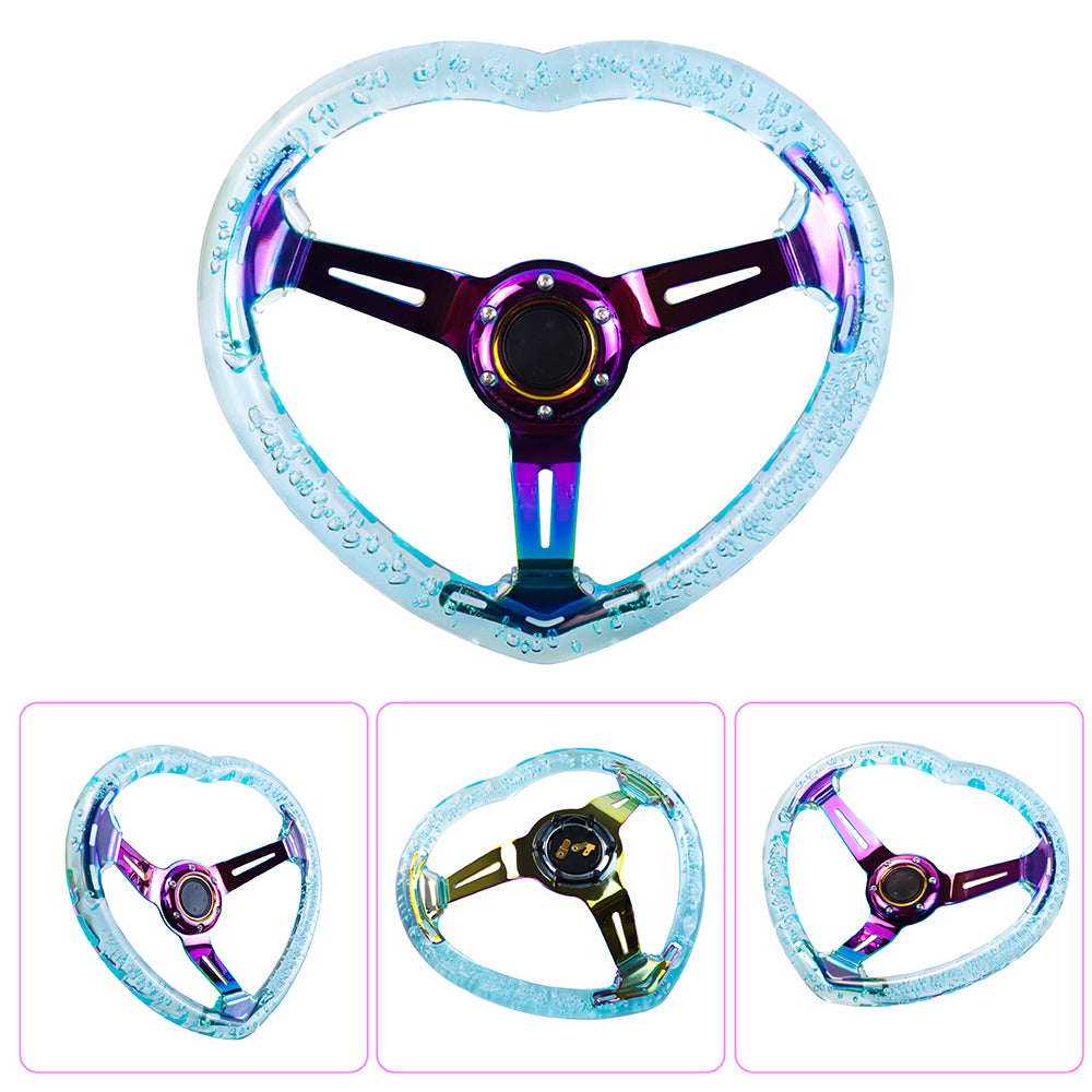 Brand New Universal 6-Hole 350MM Heart Light Blue Deep Dish Vip Crystal Bubble Neo Spoke Steering Wheel