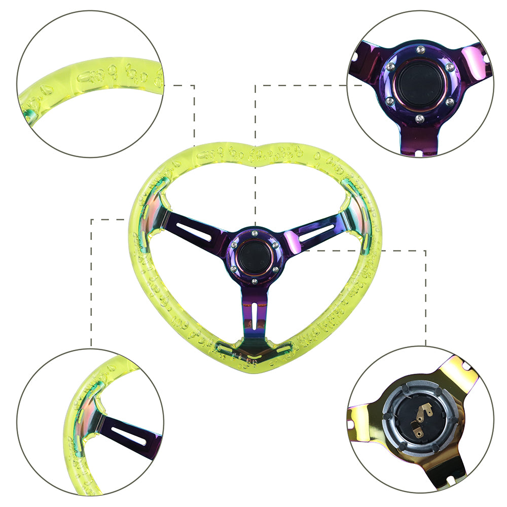 Brand New Universal 6-Hole 350MM Heart Yellow Deep Dish Vip Crystal Bubble Neo Spoke Steering Wheel