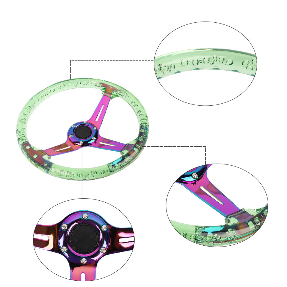 Brand New Universal 6-Hole 350mm Deep Dish Vip Green Crystal Bubble Neo Spoke Steering Wheel