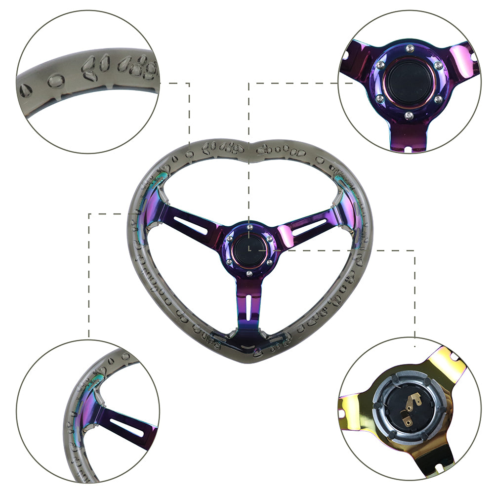 Brand New Universal 6-Hole 350MM Heart Black Deep Dish Vip Crystal Bubble Neo Spoke Steering Wheel