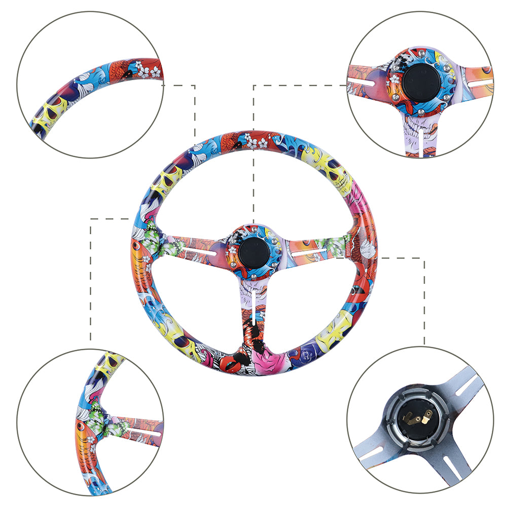 BRAND NEW UNIVERSAL 350MM 14'' Stickerbomb Acrylic Deep Dish 6 Holes Steering Wheel w/Horn Button Cover