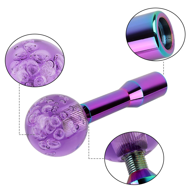 BRAND NEW UNIVERSAL V2 CRYSTAL BUBBLE PURPLE ROUND BALL SHIFT KNOB MANUAL CAR RACING GEAR M8 M10 M12 & Neo Chrome Shifter Extender Extension