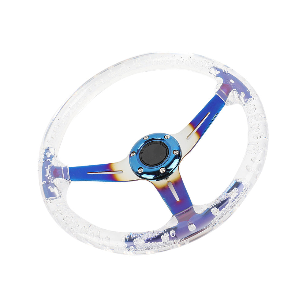 Brand New Universal 6-Hole 350mm Deep Dish Vip Clear Crystal Bubble Burnt Blue Spoke Steering Wheel