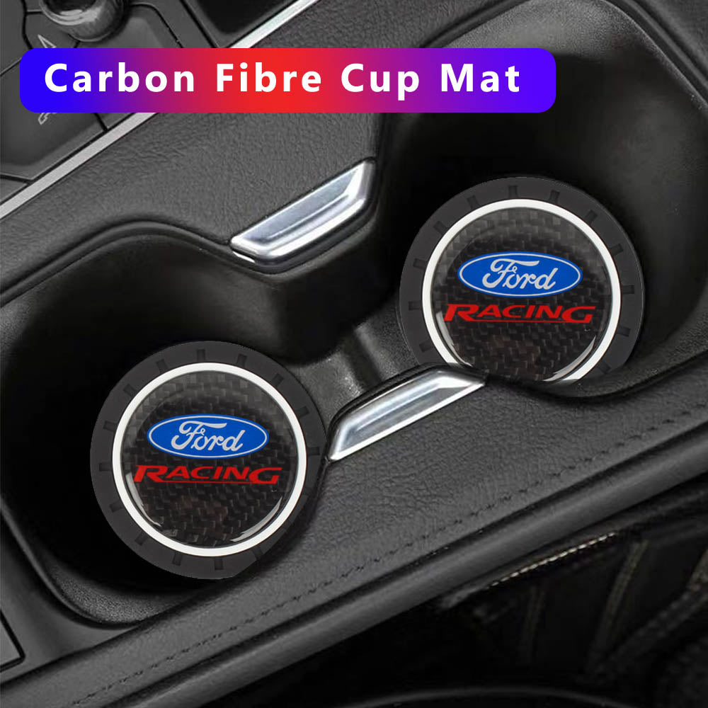 Brand New 2PCS Ford Racing Real Carbon Fiber Car Cup Holder Pad Water Cup Slot Non-Slip Mat Universal