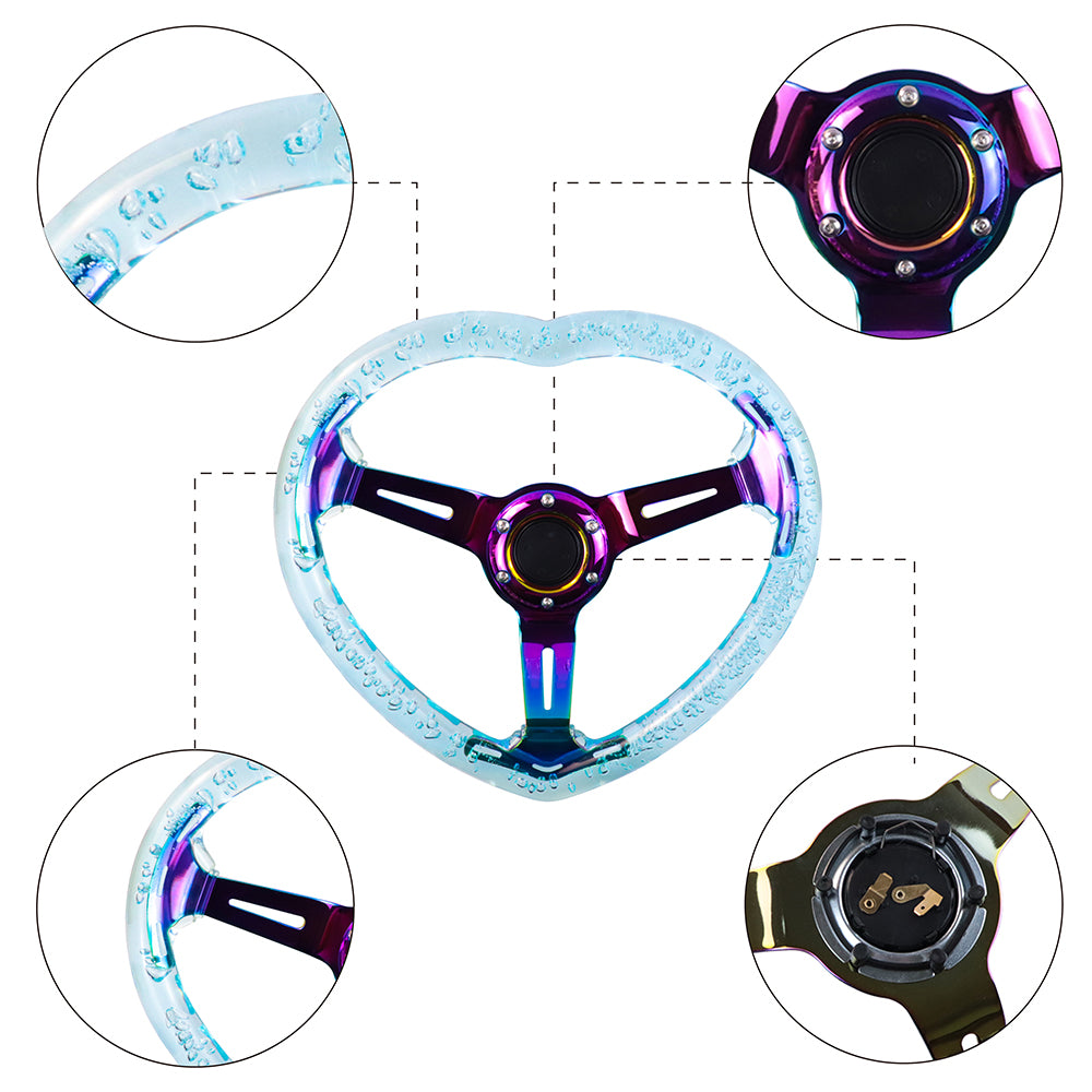 Brand New Universal 6-Hole 350MM Heart Light Blue Deep Dish Vip Crystal Bubble Neo Spoke Steering Wheel