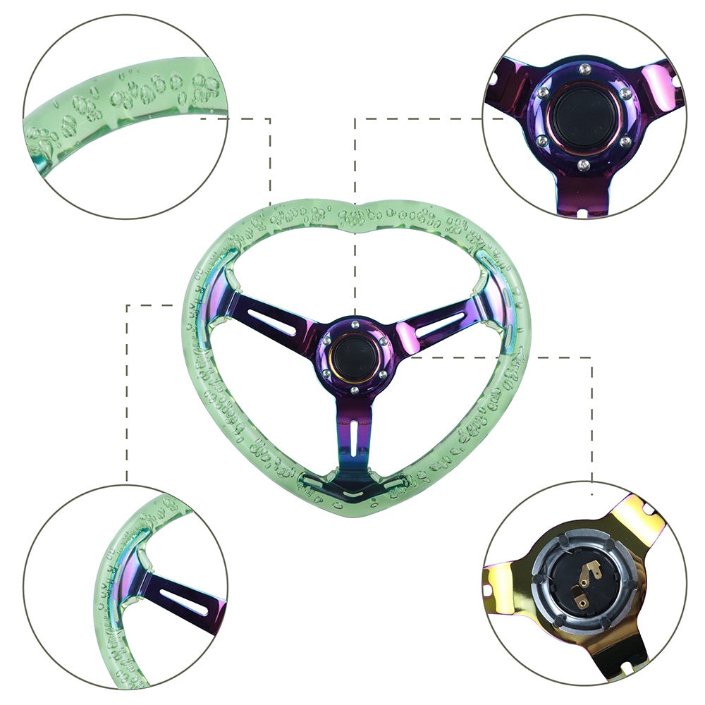 Brand New Universal 6-Hole 350MM Heart Green Deep Dish Vip Crystal Bubble Neo Spoke Steering Wheel