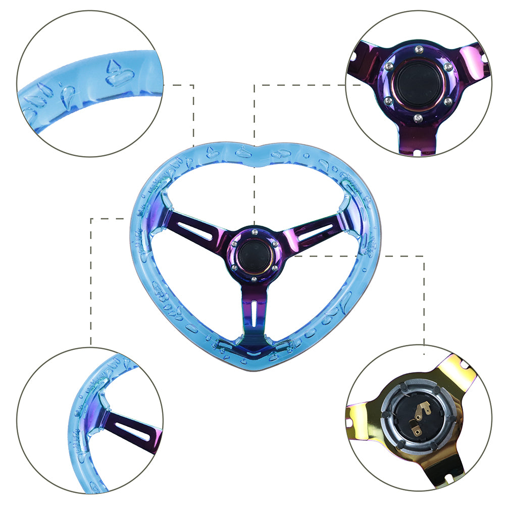 Brand New Universal 6-Hole 350MM Heart Blue Deep Dish Vip Crystal Bubble Neo Spoke Steering Wheel