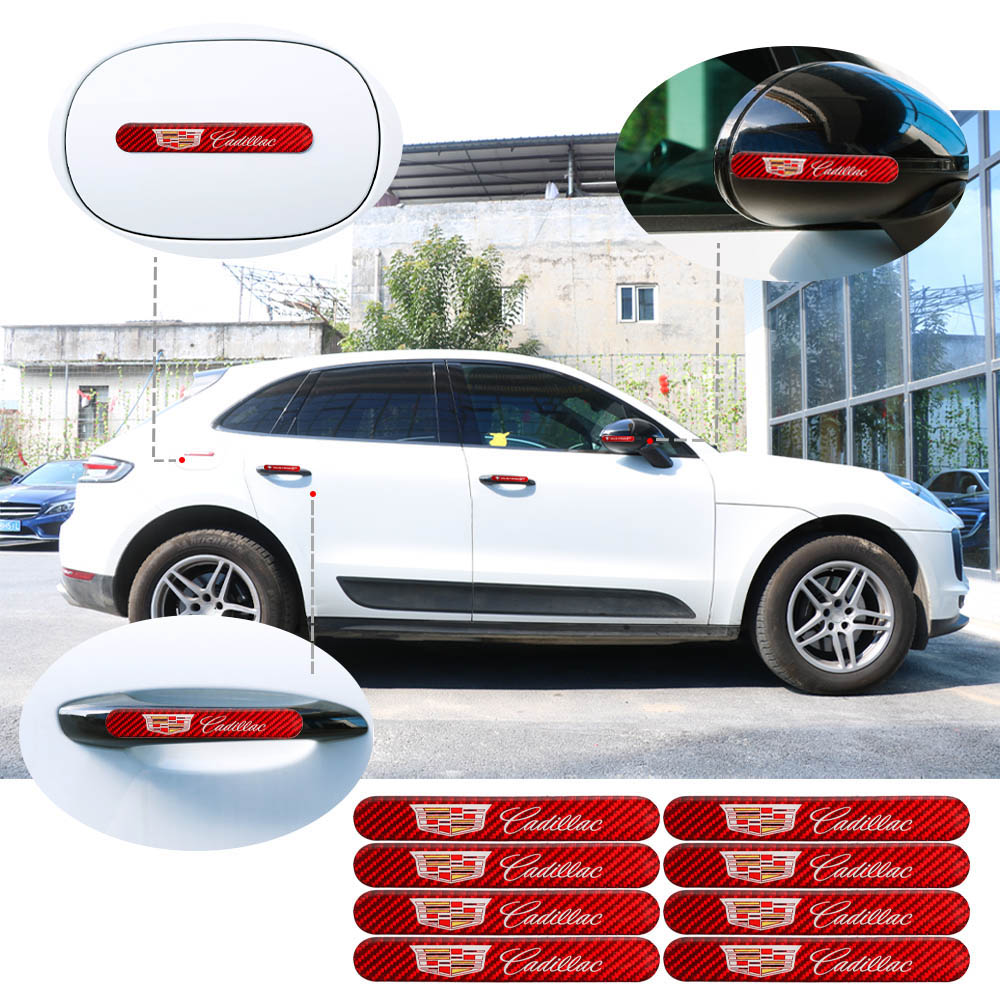 Brand New 8PCS Cadillac Real Carbon Fiber Red Car Trunk Side Fenders Door Badge Scratch Guard Sticker