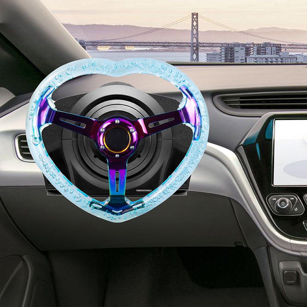 Brand New Universal 6-Hole 350MM Heart Light Blue Deep Dish Vip Crystal Bubble Neo Spoke Steering Wheel