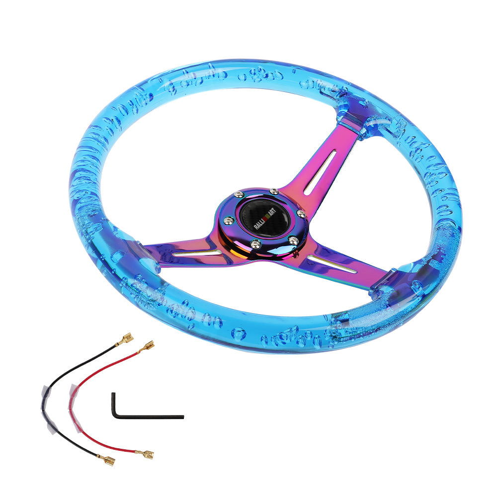 Brand New JDM Ralliart Universal 6-Hole 350mm Deep Dish Vip Blue Crystal Bubble Neo Spoke Steering Wheel