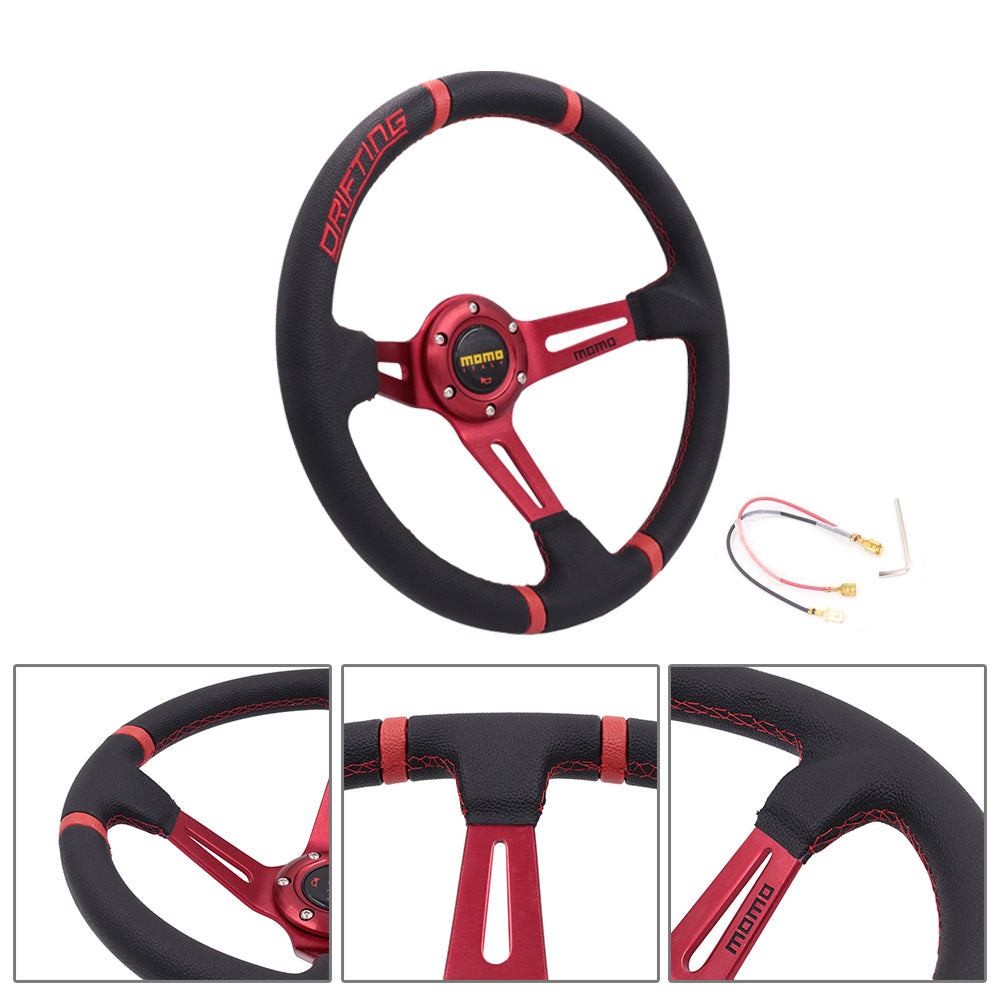 Brand New 350mm 14" Deep Dish Racing Momo Black Steering Wheel PVC Leather Red Spoke