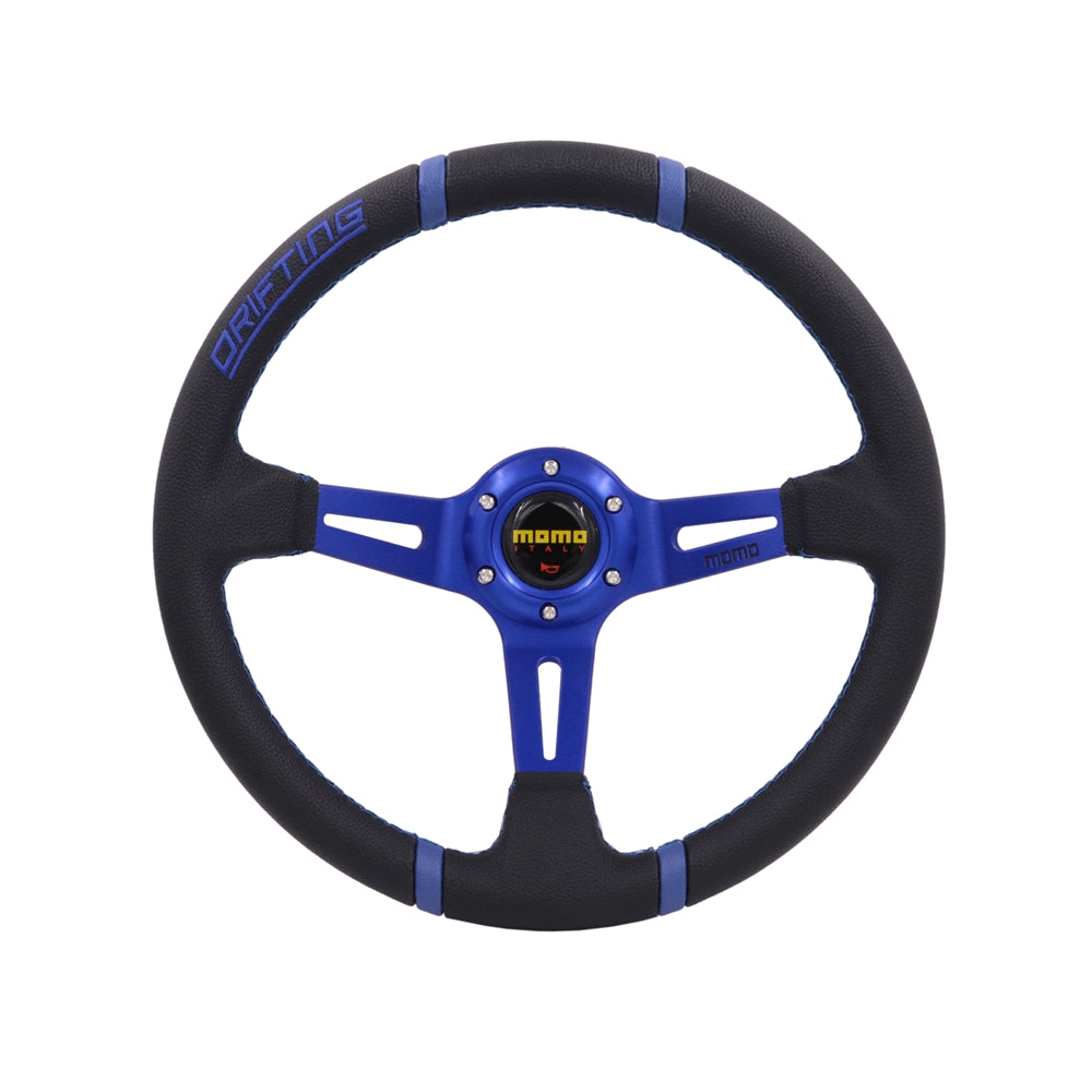 Brand New 350mm 14" Deep Dish Racing Momo Black Steering Wheel PVC Leather Blue Spoke