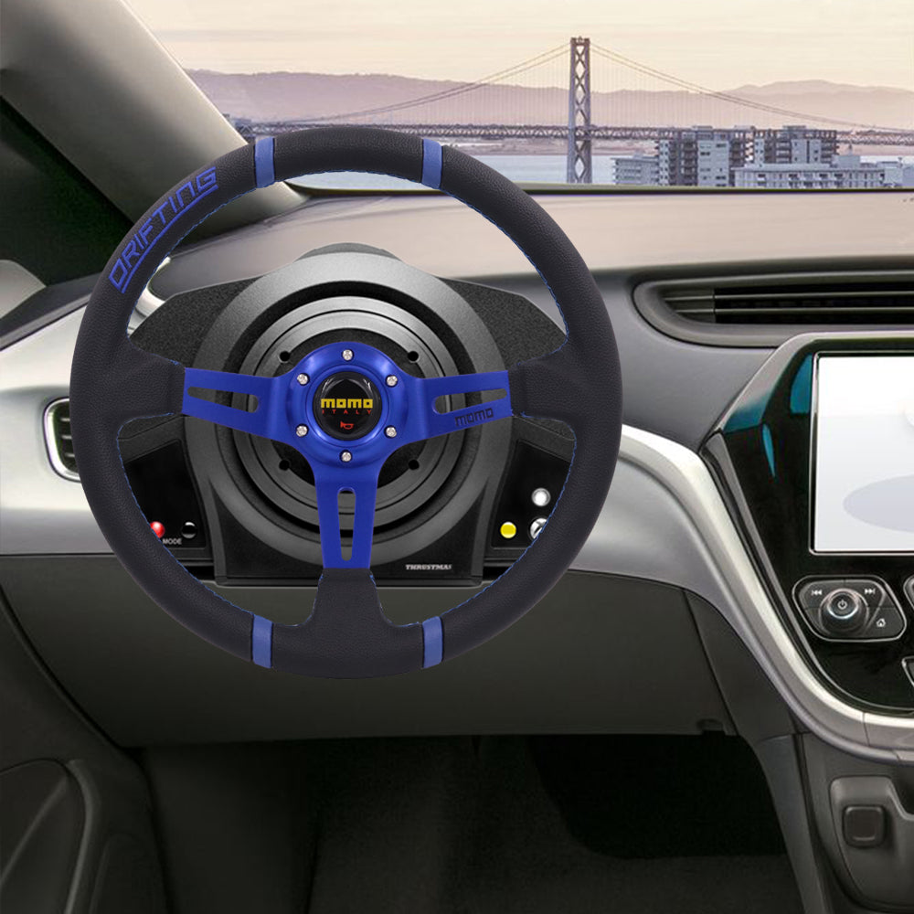 Brand New 350mm 14" Deep Dish Racing Momo Black Steering Wheel PVC Leather Blue Spoke