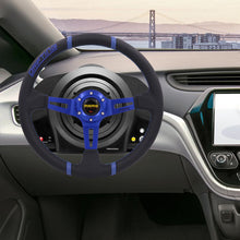 Load image into Gallery viewer, Brand New 350mm 14&quot; Deep Dish Racing Momo Black Steering Wheel PVC Leather Blue Spoke