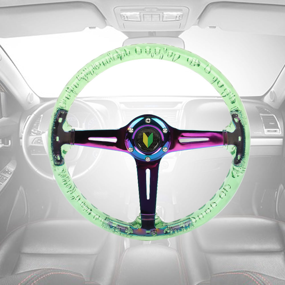 Brand New JDM Beginner Leaf Universal 6-Hole 350mm Deep Dish Vip Green Crystal Bubble Neo Spoke Steering Wheel