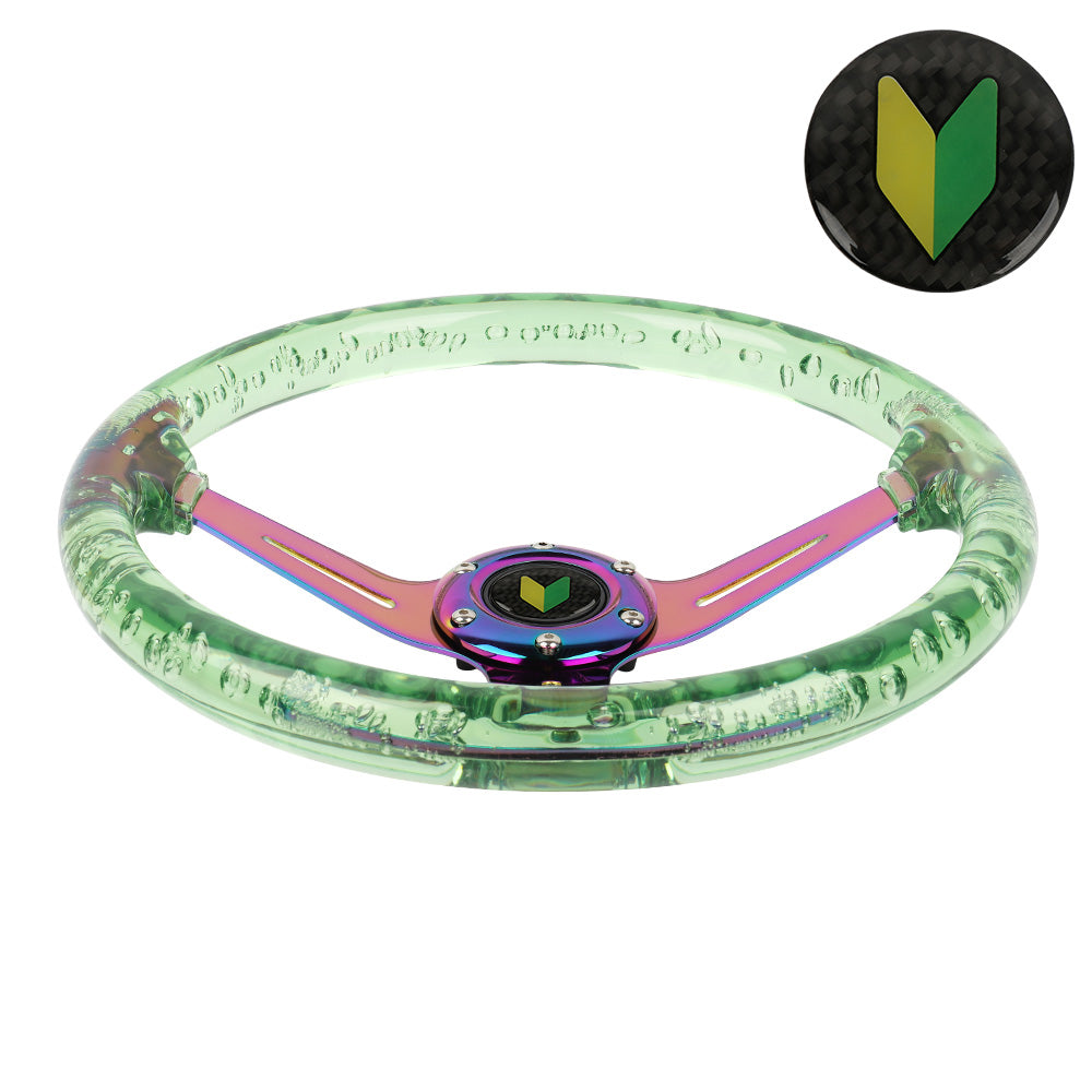 Brand New JDM Beginner Leaf Universal 6-Hole 350mm Deep Dish Vip Green Crystal Bubble Neo Spoke Steering Wheel