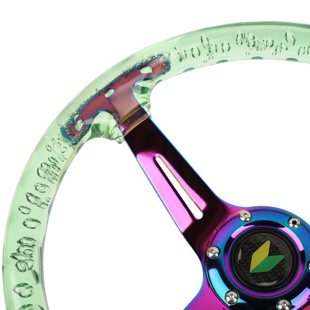 Brand New JDM Beginner Leaf Universal 6-Hole 350mm Deep Dish Vip Green Crystal Bubble Neo Spoke Steering Wheel