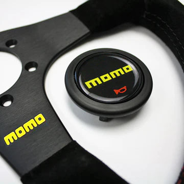 Brand New 14" MOMO Style Racing Black Stitching Leather Suede Sport Steering Wheel w Horn Button