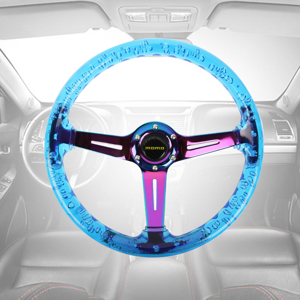 Brand New JDM Momo Universal 6-Hole 350mm Deep Dish Vip Blue Crystal Bubble Neo Spoke Steering Wheel