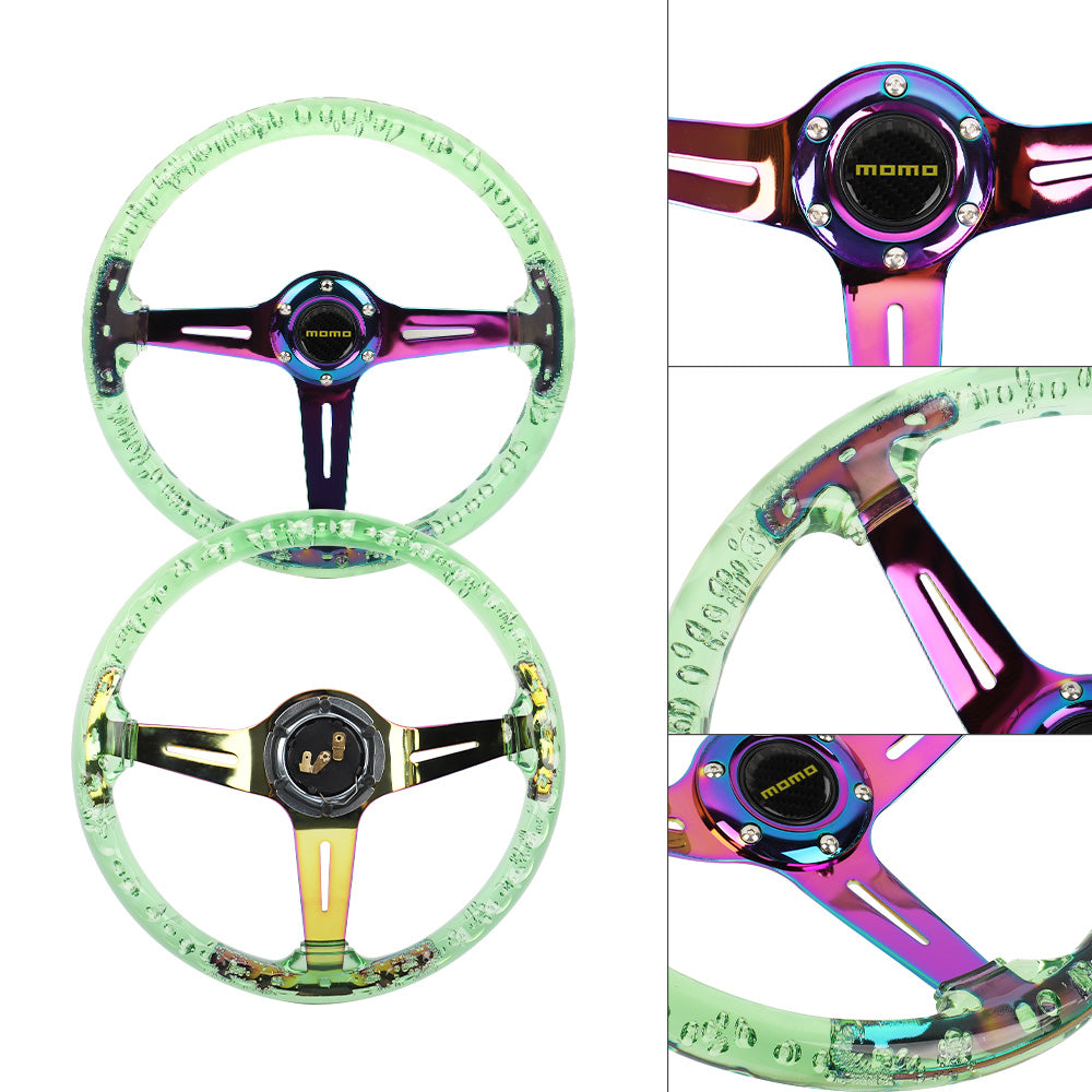 Brand New JDM Momo Universal 6-Hole 350mm Deep Dish Vip Green Crystal Bubble Neo Spoke Steering Wheel
