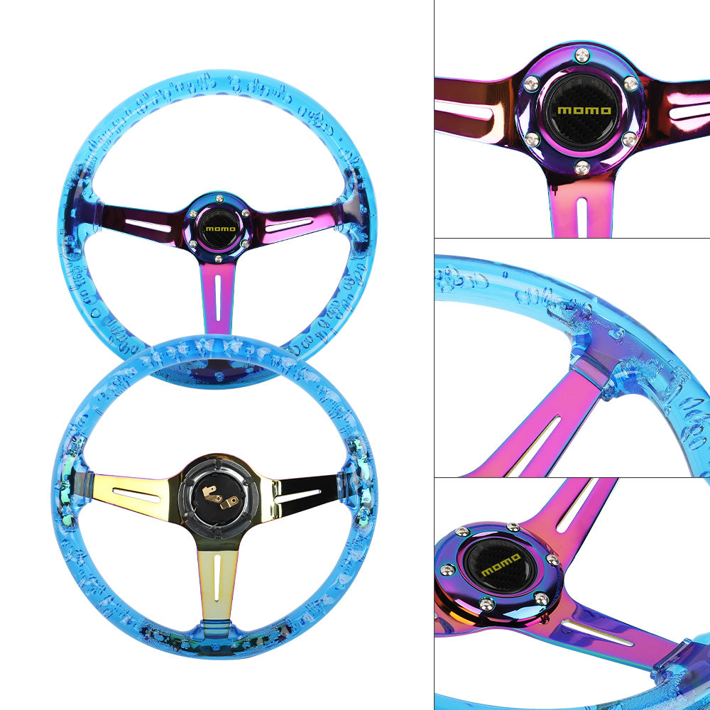 Brand New JDM Momo Universal 6-Hole 350mm Deep Dish Vip Blue Crystal Bubble Neo Spoke Steering Wheel