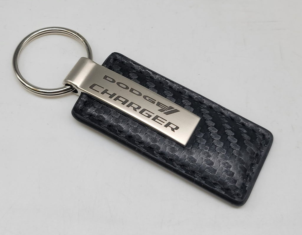 Brand New Dodge Charger Engraved Rectangle Carbon Fiber Leather Fob Keyring Keychain Official Licensed Product