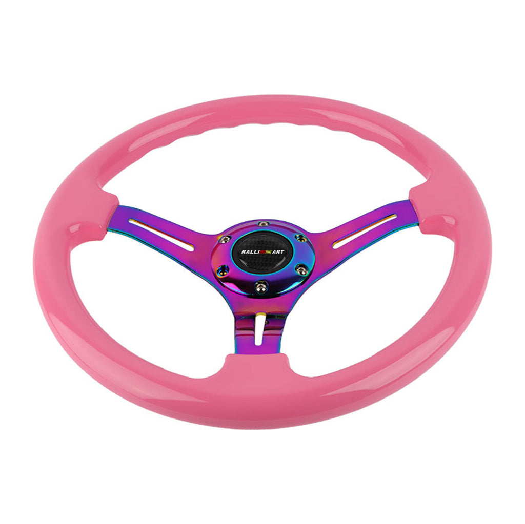 Brand New 350mm 14" Universal JDM Ralliart Deep Dish ABS Racing Steering Wheel Pink With Neo-Chrome Spoke