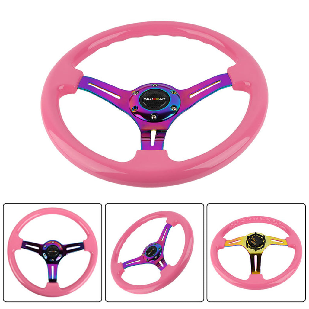 Brand New 350mm 14" Universal JDM Ralliart Deep Dish ABS Racing Steering Wheel Pink With Neo-Chrome Spoke