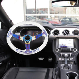 Brand New JDM Ralliart Universal 6-Hole 350mm Deep Dish Vip Clear Crystal Bubble Burnt Blue Spoke Steering Wheel