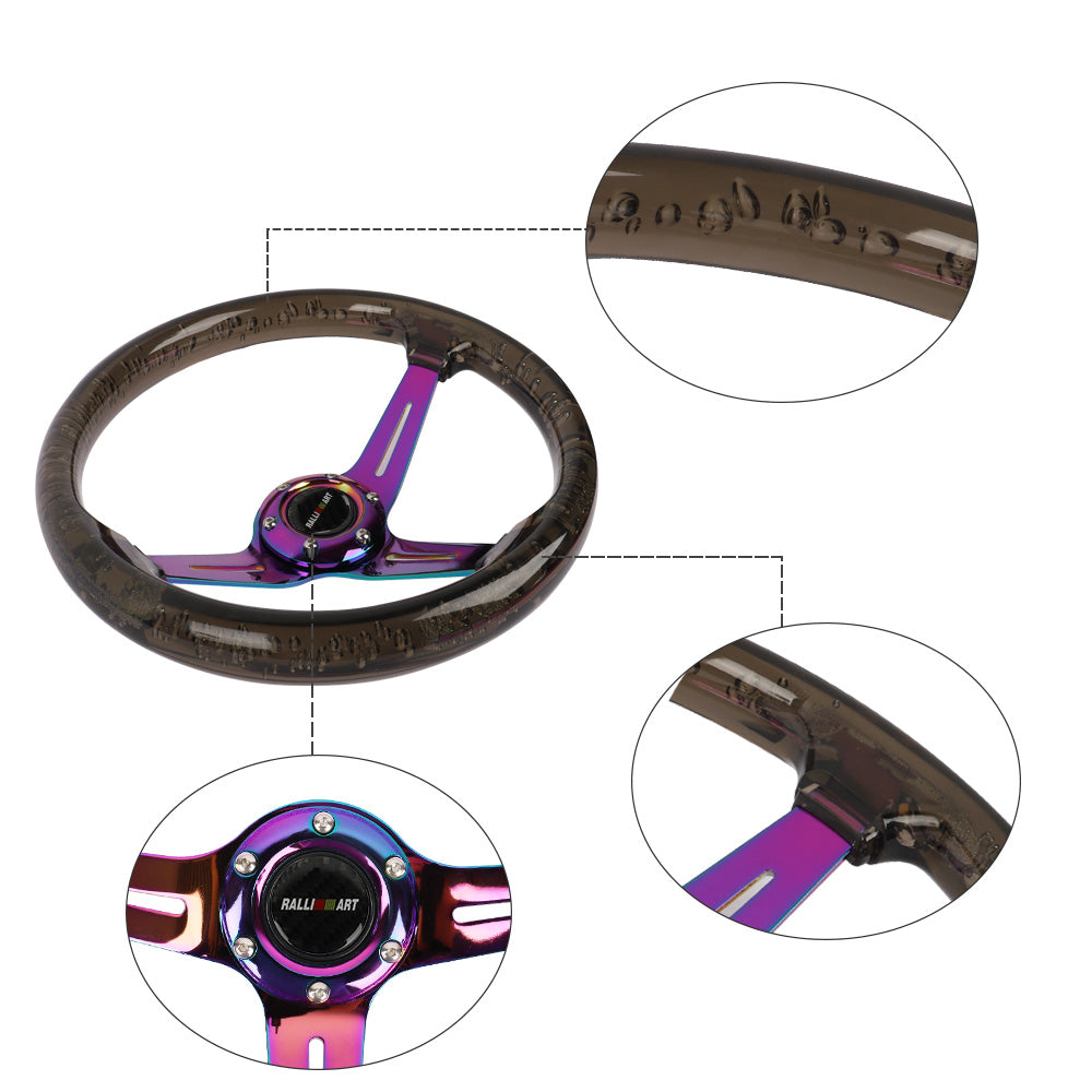 Brand New Ralliart Universal 6-Hole 350mm Deep Dish Vip Black Crystal Bubble Neo Spoke Steering Wheel