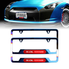 Brand New Universal 2PCS 5.0L COYOTE V8 Titanium Burnt Blue Metal License Plate Frame
