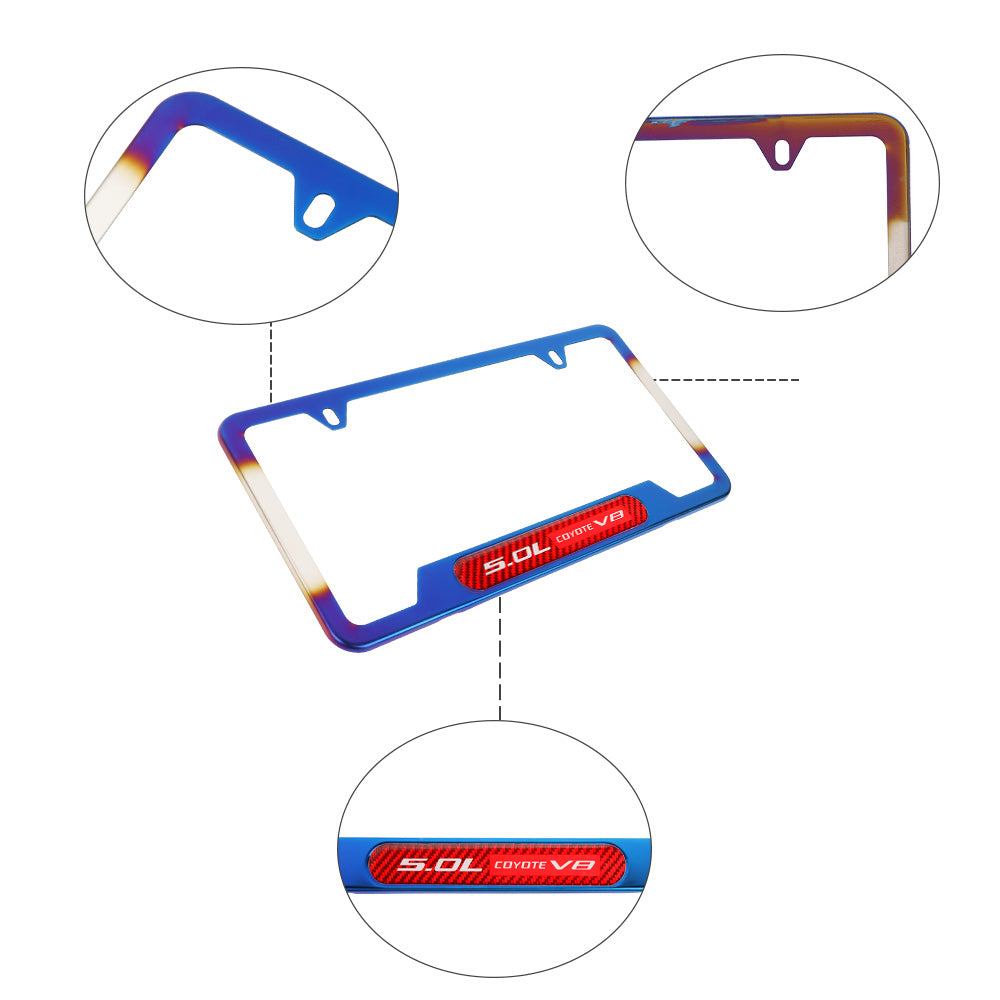 Brand New Universal 2PCS 5.0L COYOTE V8 Titanium Burnt Blue Metal License Plate Frame