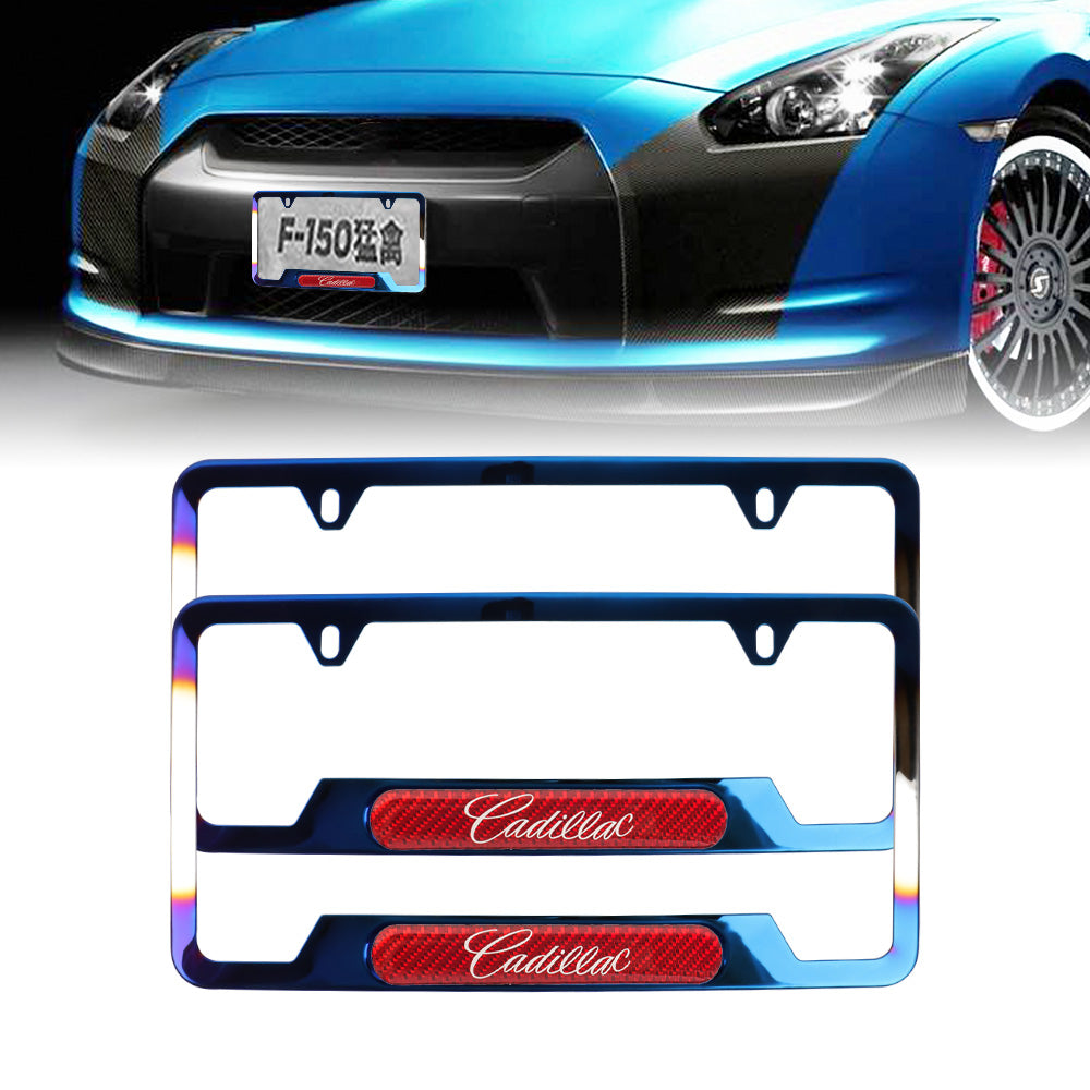 Brand New Universal 2PCS Cadillac Titanium Burnt Blue Metal License Plate Frame
