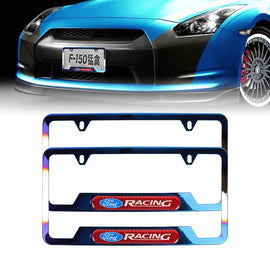 Brand New Universal 2PCS Ford Racing Titanium Burnt Blue Metal License Plate Frame