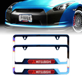 Brand New Universal 2PCS MITSUBISHI Titanium Burnt Blue Metal License Plate Frame
