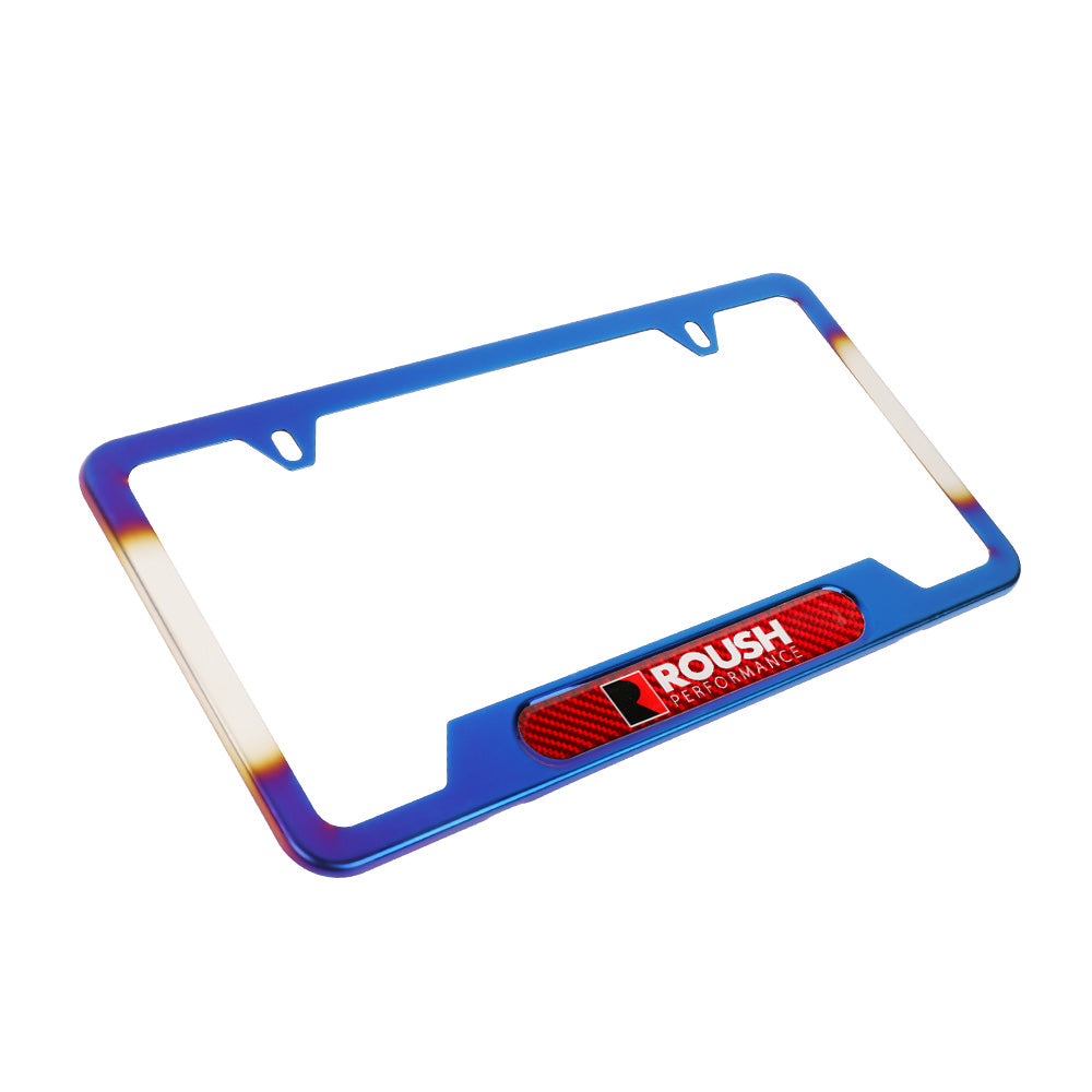 Brand New Universal 2PCS Roush Titanium Burnt Blue Metal License Plate Frame