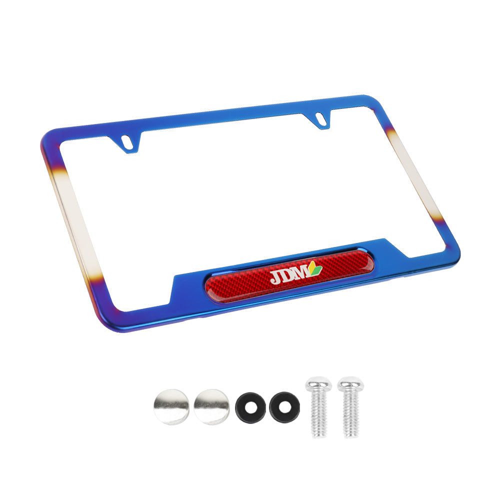 Brand New Universal 2PCS JDM BEGINNER LEAF Titanium Burnt Blue Metal License Plate Frame