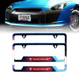 Brand New Universal 2PCS Mustang GT Titanium Burnt Blue Metal License Plate Frame