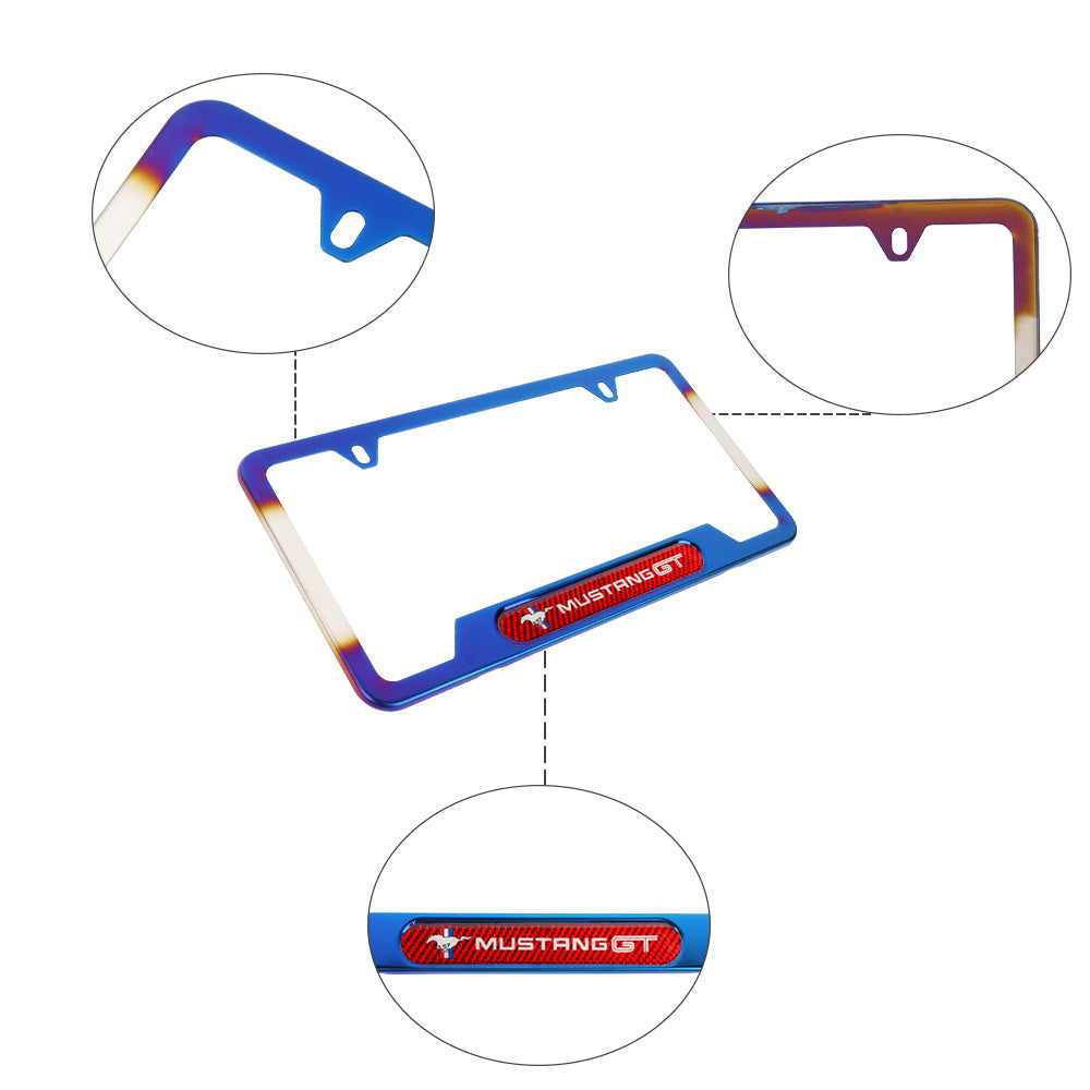 Brand New Universal 2PCS Mustang GT Titanium Burnt Blue Metal License Plate Frame