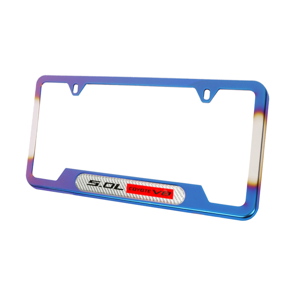 Brand New Universal 2PCS 5.0L COYOTE V8 Titanium Burnt Blue Metal License Plate Frame
