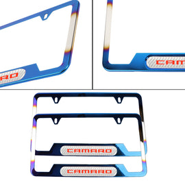 Brand New Universal 2PCS Camaro Titanium Burnt Blue Metal License Plate Frame