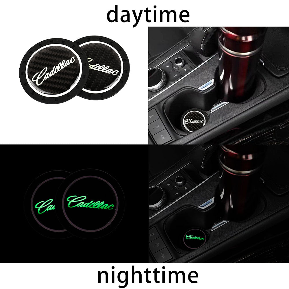 Brand New 2PCS CADILLAC Glows In The Dark Green Real Carbon Fiber Car Cup Holder Pad Water Cup Slot Non-Slip Mat Universal