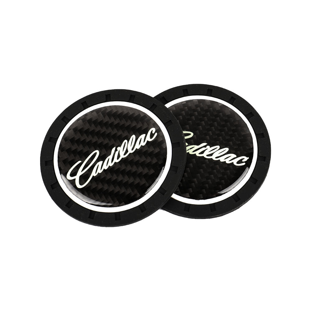 Brand New 2PCS CADILLAC Glows In The Dark Green Real Carbon Fiber Car Cup Holder Pad Water Cup Slot Non-Slip Mat Universal