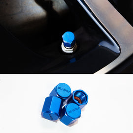 Set Of 4 Blue Volk Racing Rays Valve Stem Caps – Forged Aluminum, JDM Style