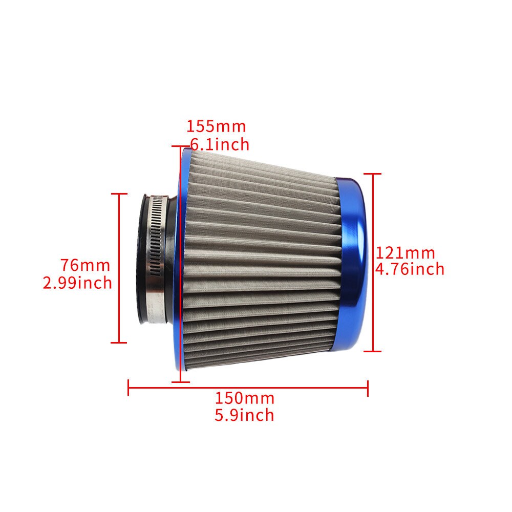 Brand New Universal JDM BLUE 3" 76mm Power Intake High Flow Cold Air Intake Filter Cleaner